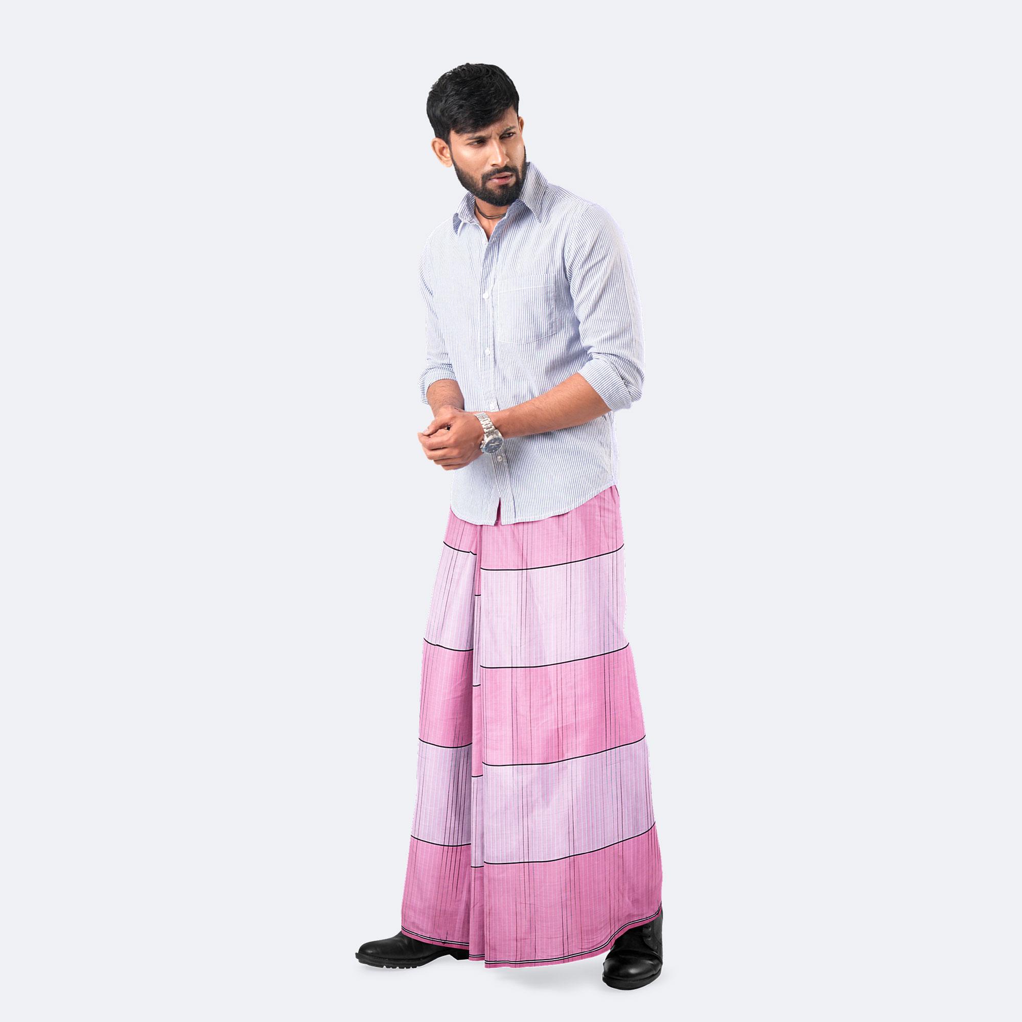 Light Pink Border Lungi - Borno Mala