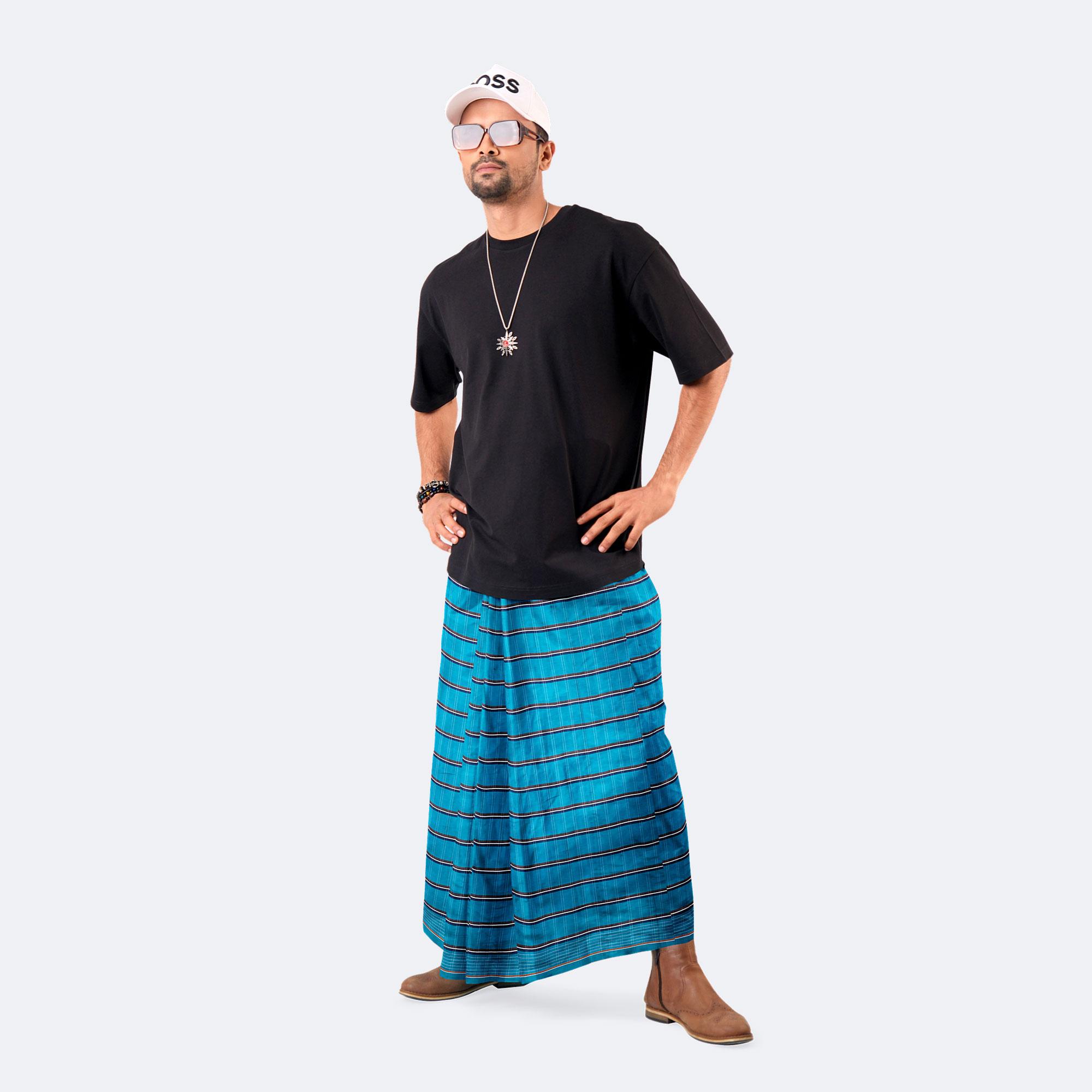 Beige Blue Border Lungi - Borno Mala