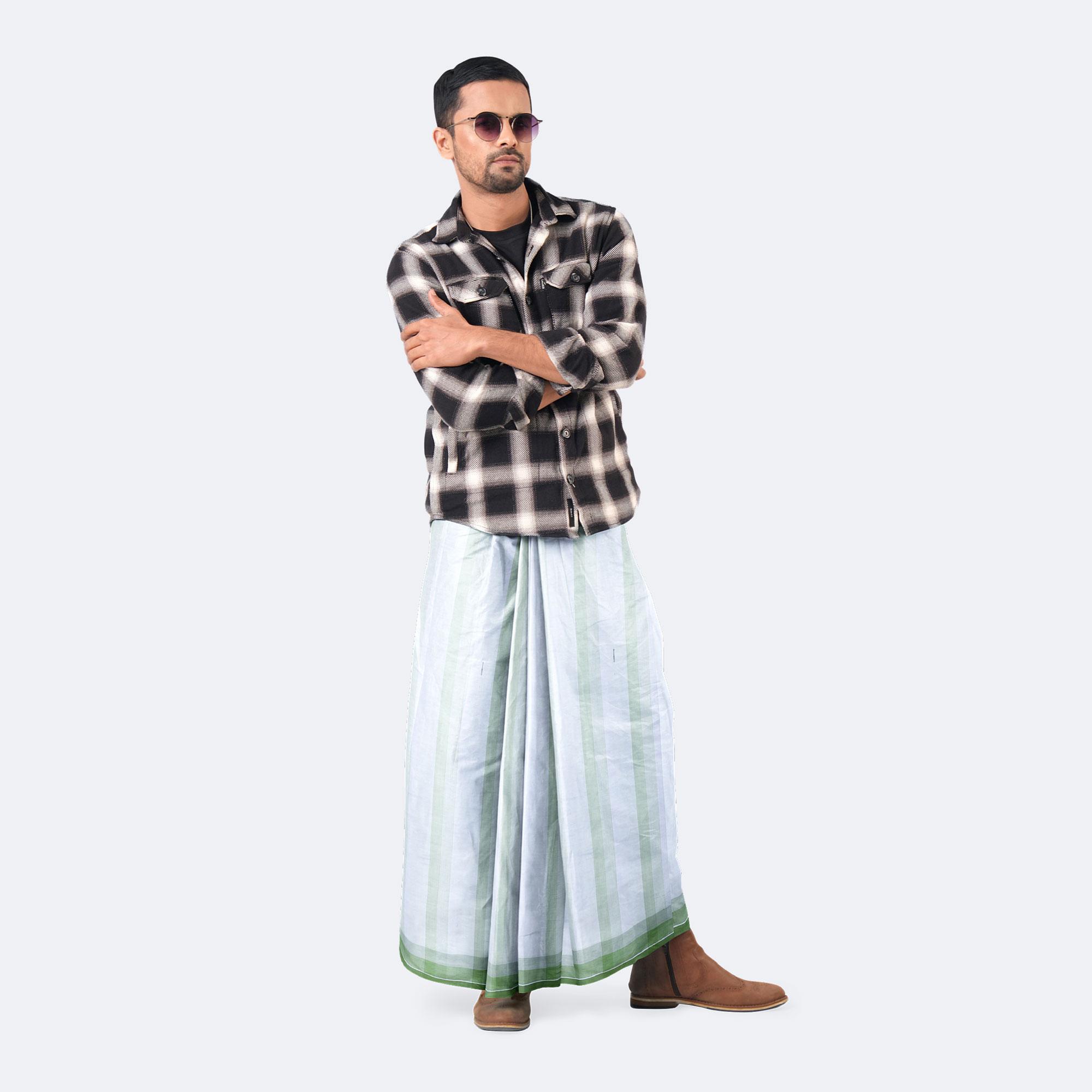 white color Cotton Lungi - Moti Mala