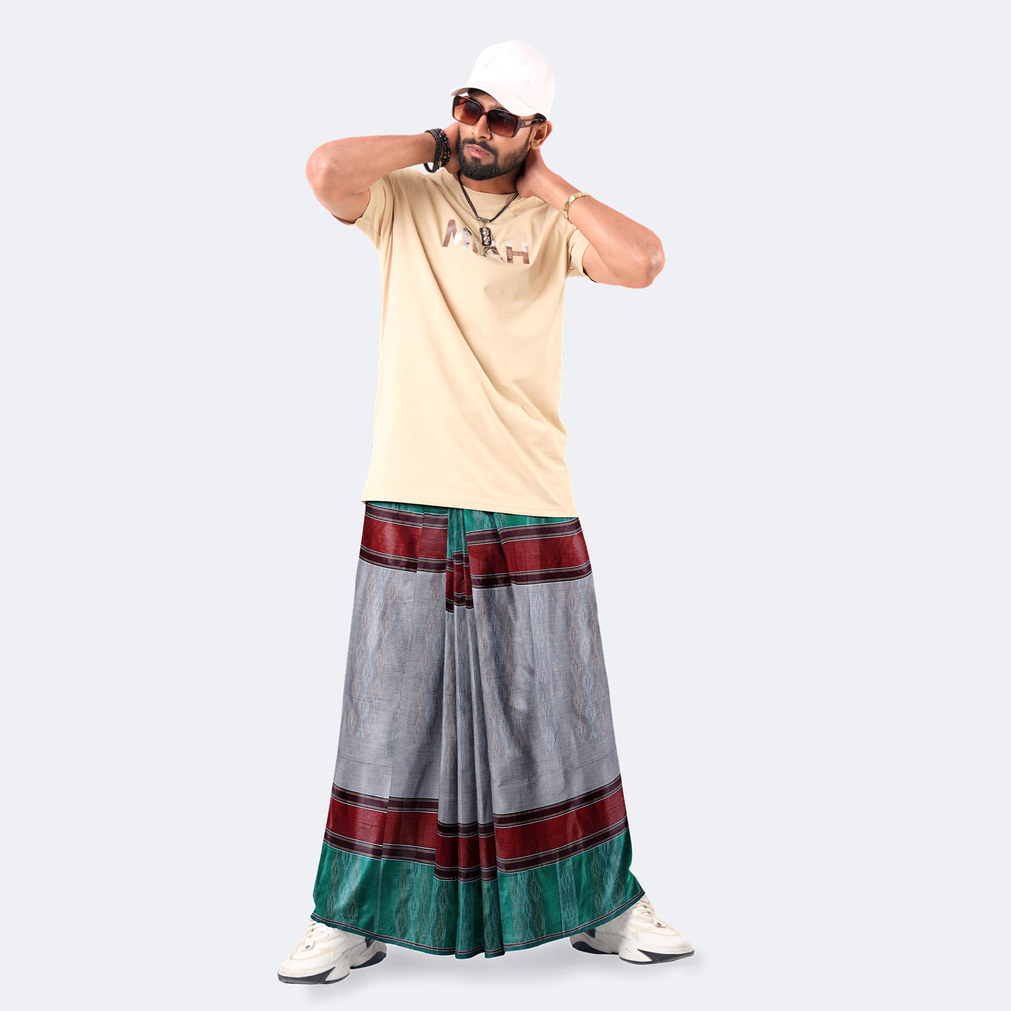 Maroon Grey Dobby Lungi - Udyog