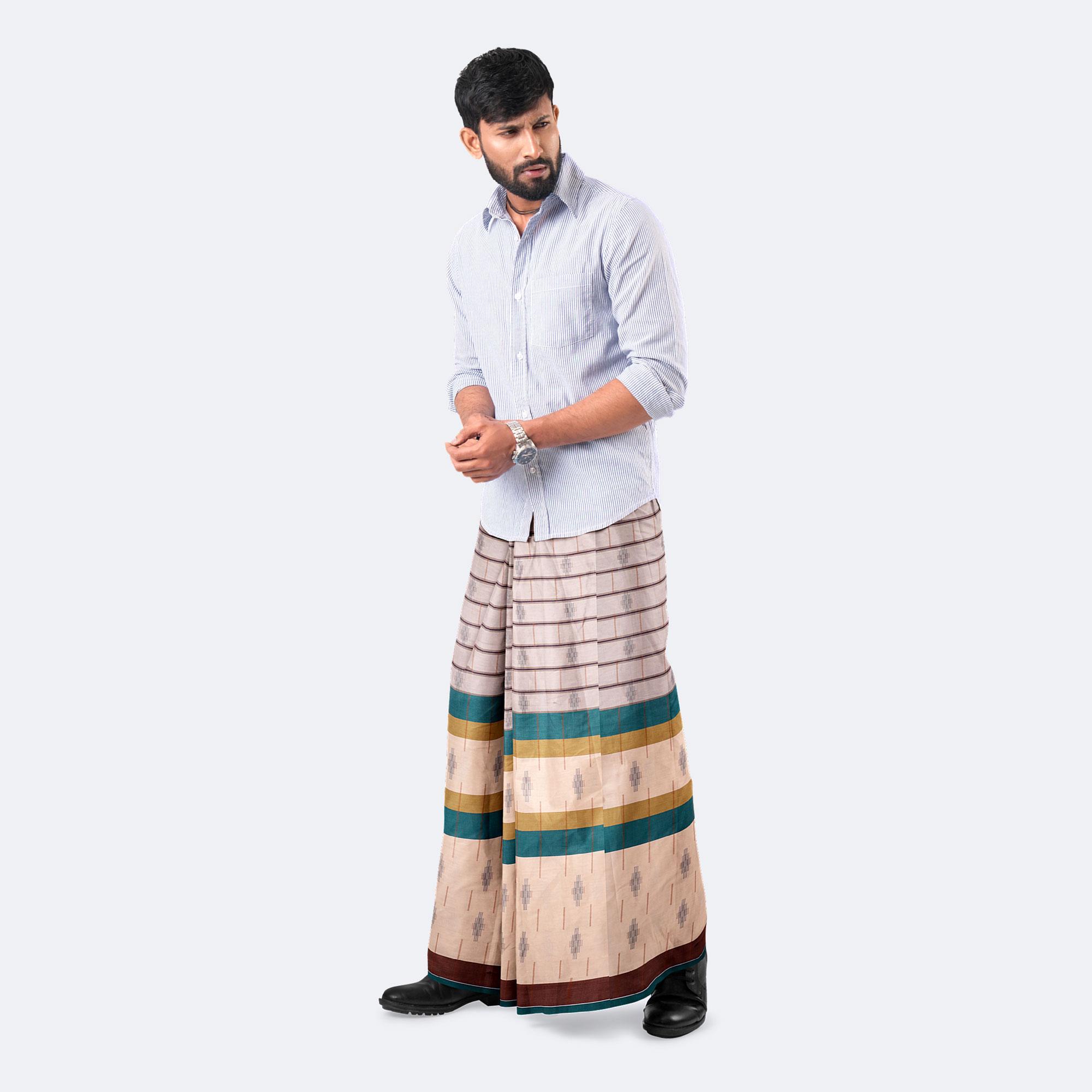 Teal Mustard Broad Border Lungi - Beautiful | MIAH