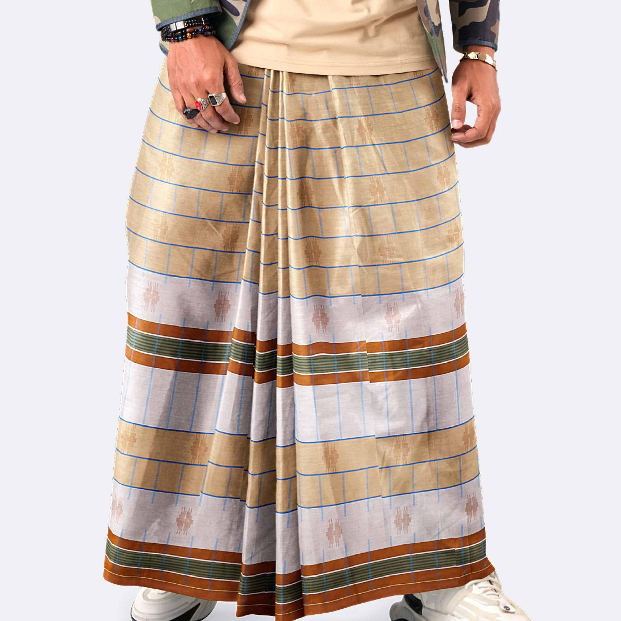 Beige Fine Check Border Lungi - Beautiful | MIAH