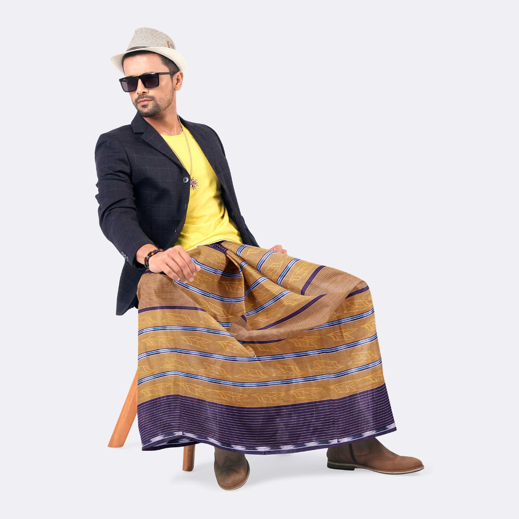 Beige Contrast Border Lungi – Prachurjo | MIAH 