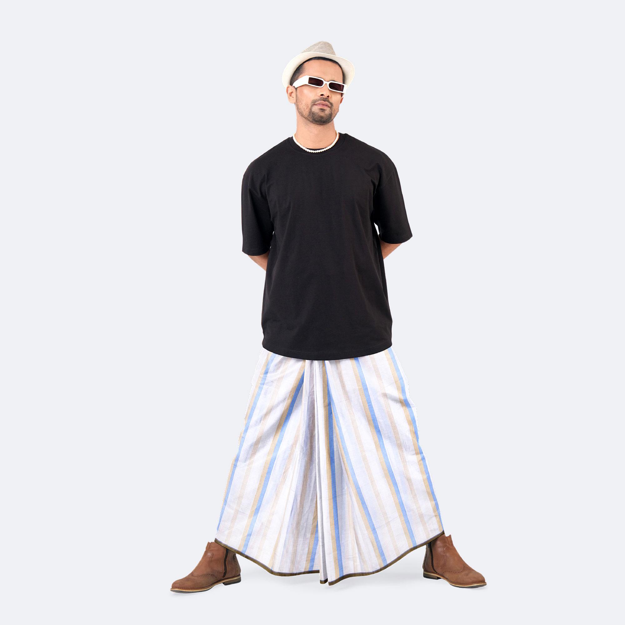 Off White Sky Blue Stripe Lungi - Saz Bilash | MIAH