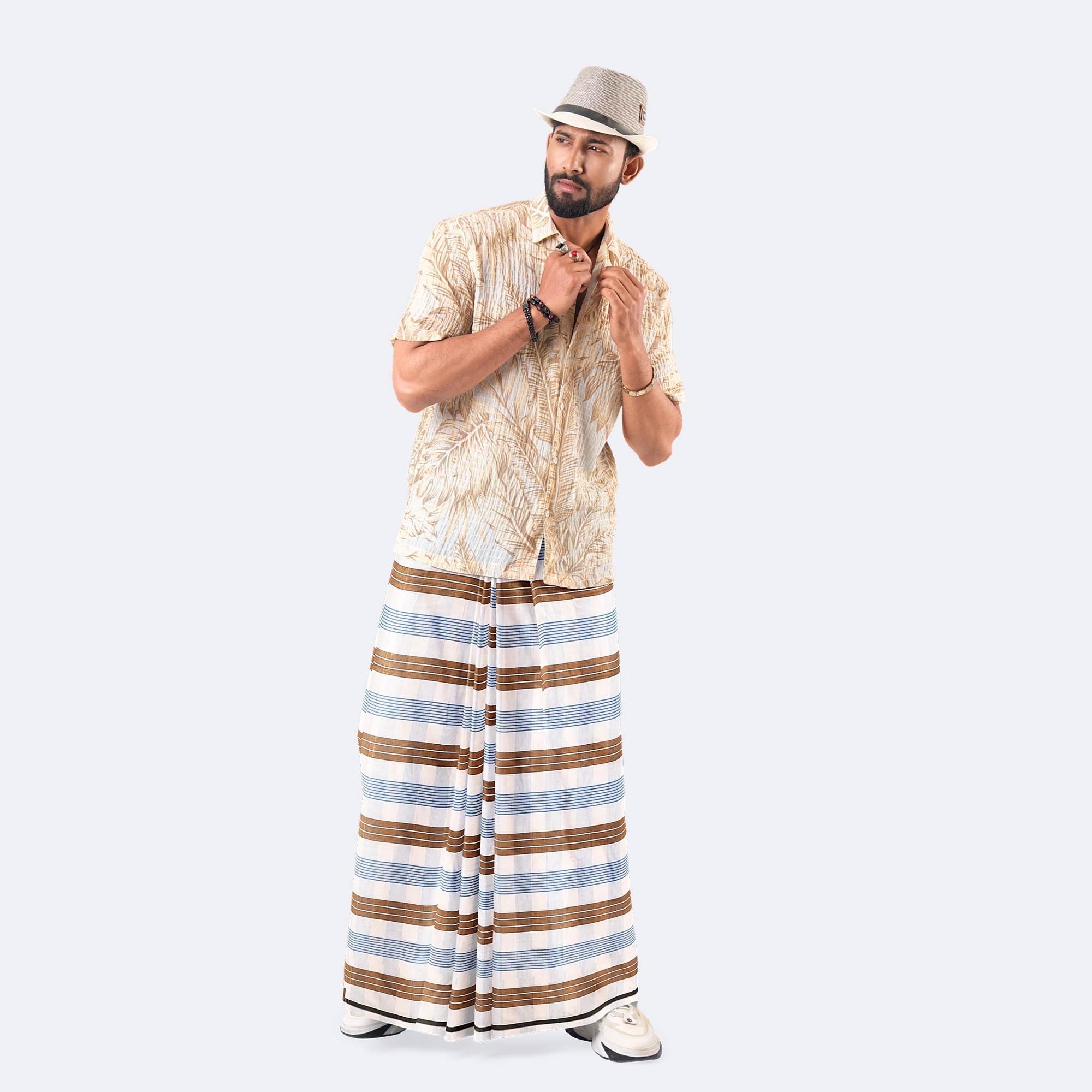 Classic White Check & Stripe Lungi - Saz Bilash | MIAH