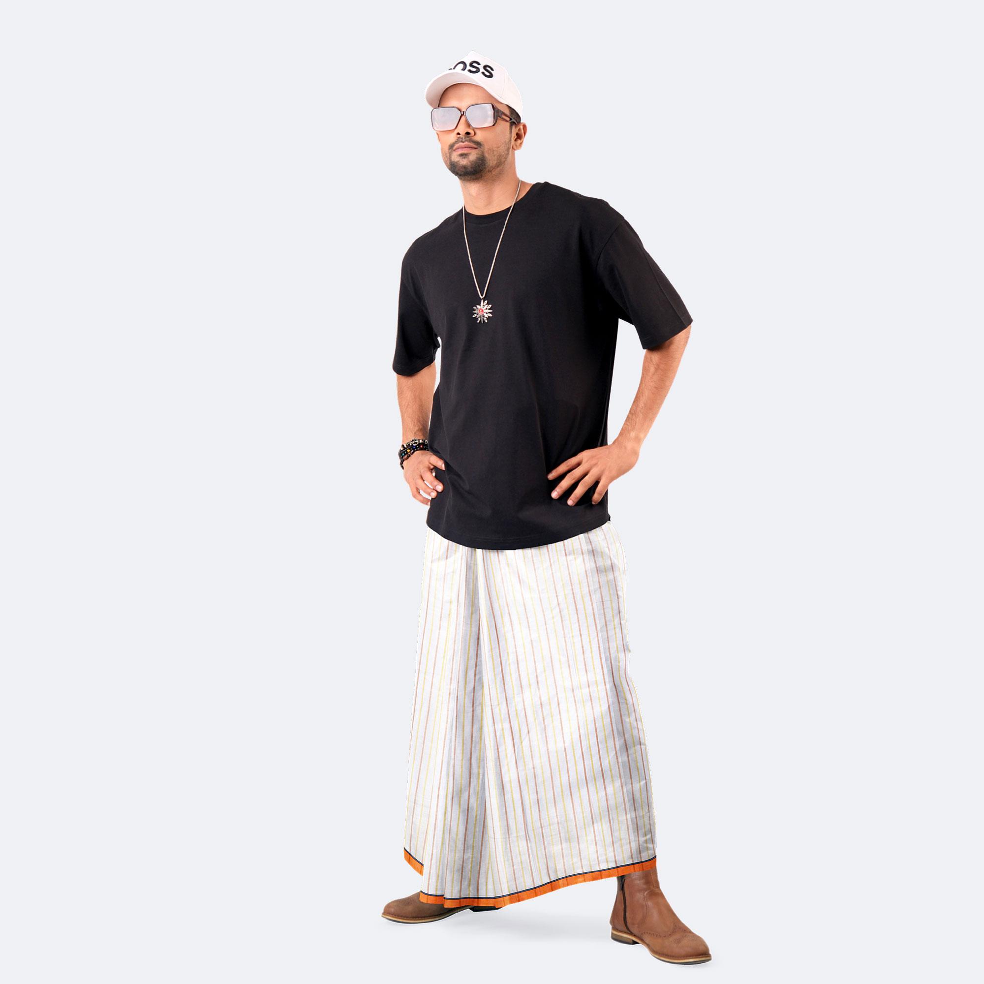 White Multi-Stripe Check Lungi - Saz Bilash | MIAH