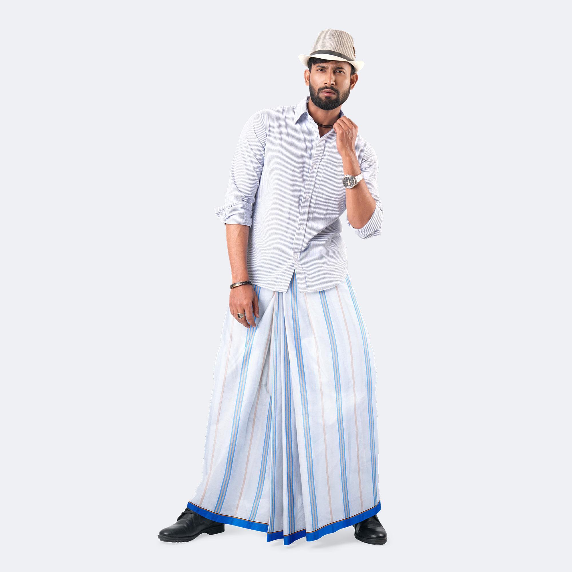 White Multi-Stripe Check Lungi - Saz Bilash | MIAH