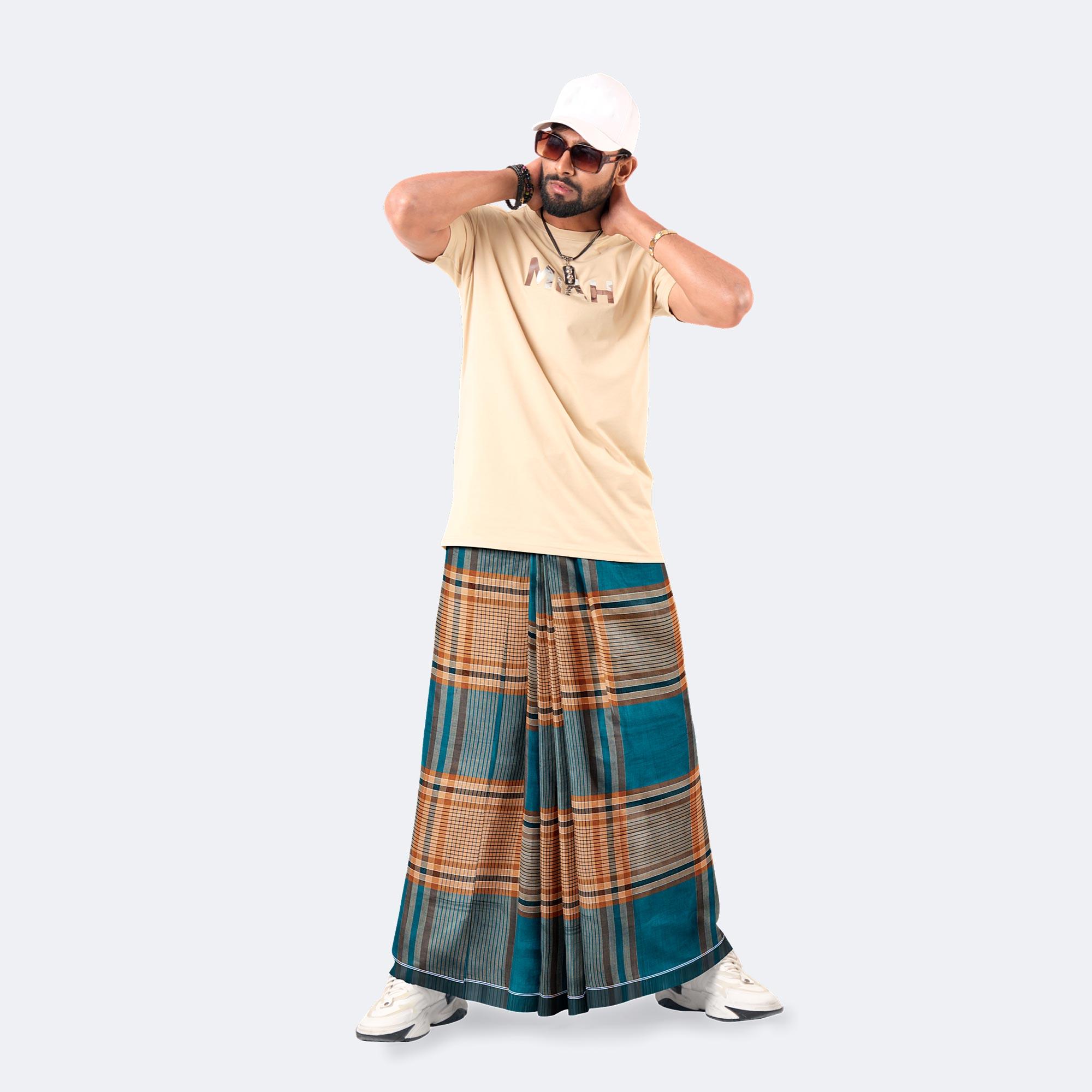 Blue & Brown Multicolor Design Lungi - Ashirbad