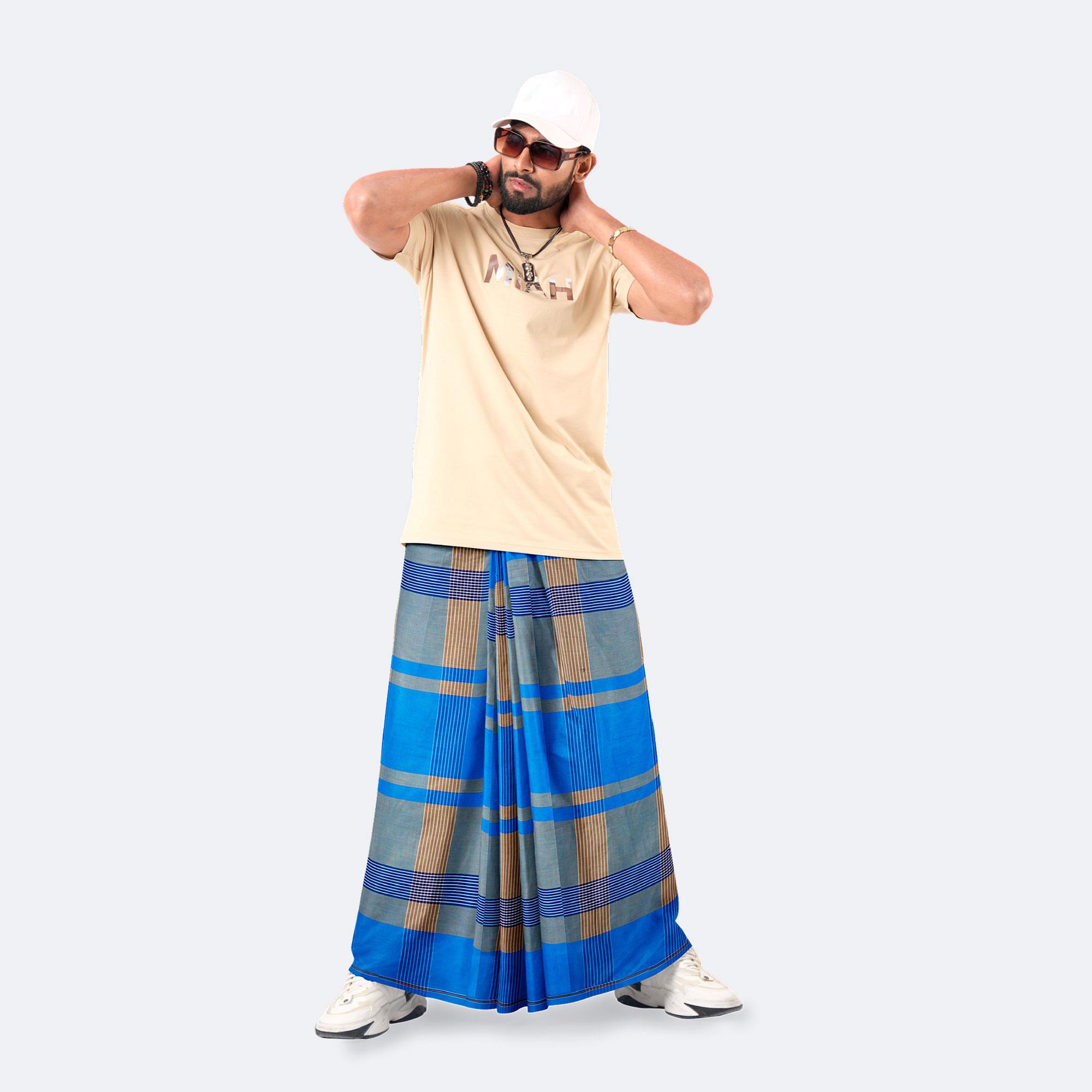 Azure Blue & Earthy Khaki 100% Cotton Lungi - Crown
