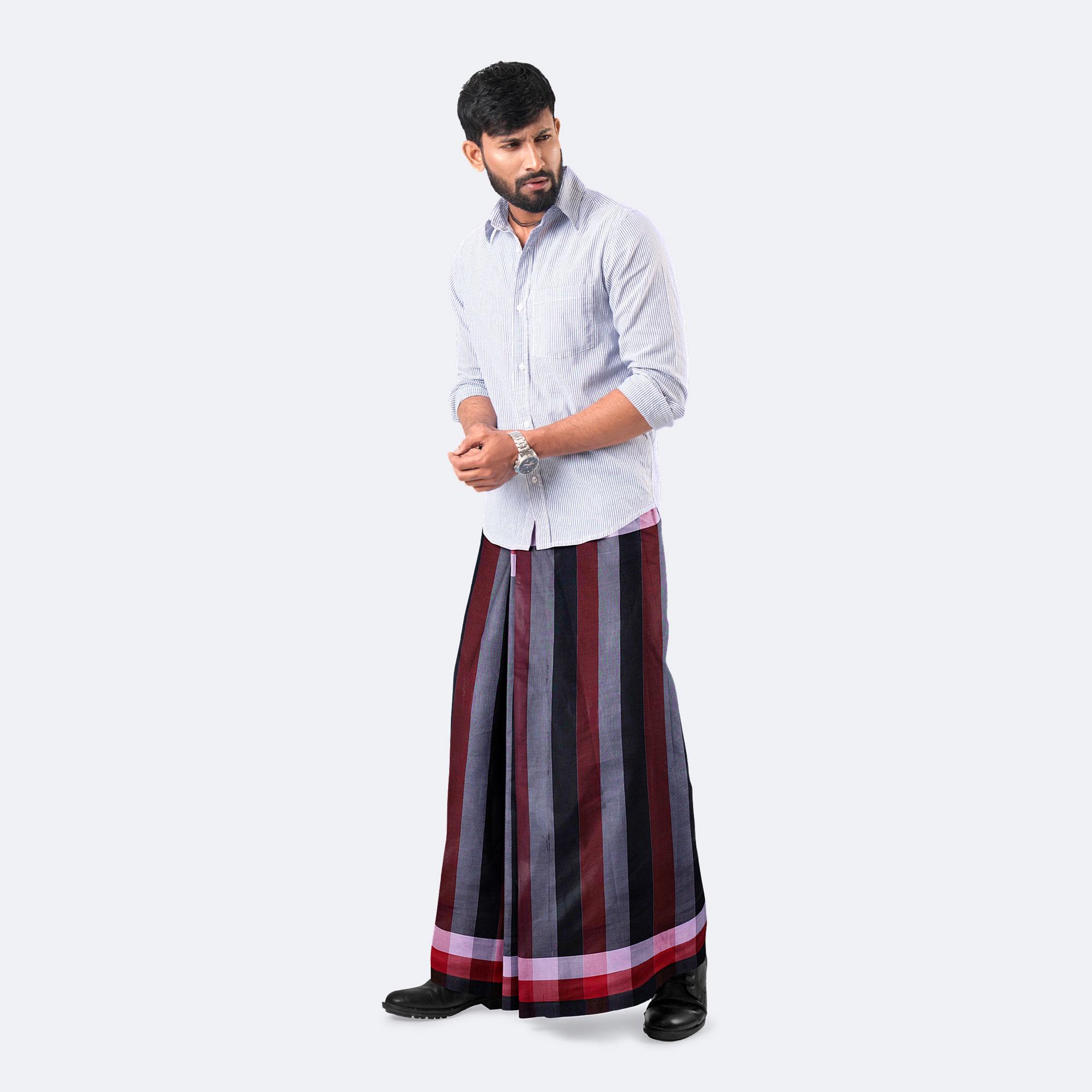 Burgundy & Deep Charcoal 100% Cotton Lungi - Crown