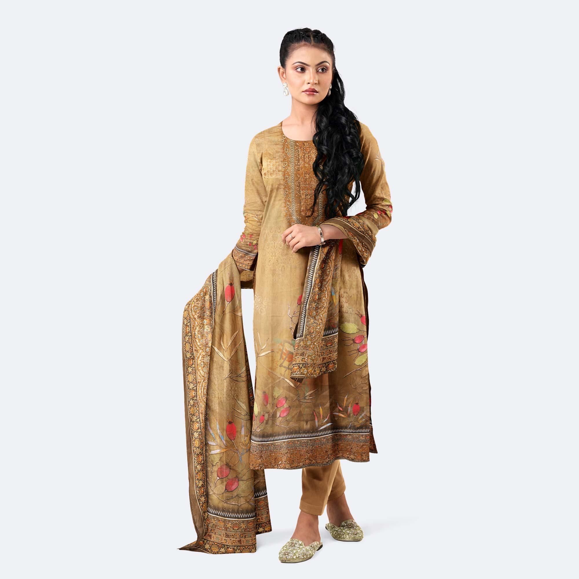 Elegant Light Brownish-Orange Digital Print Cotton Salwar Kameez
