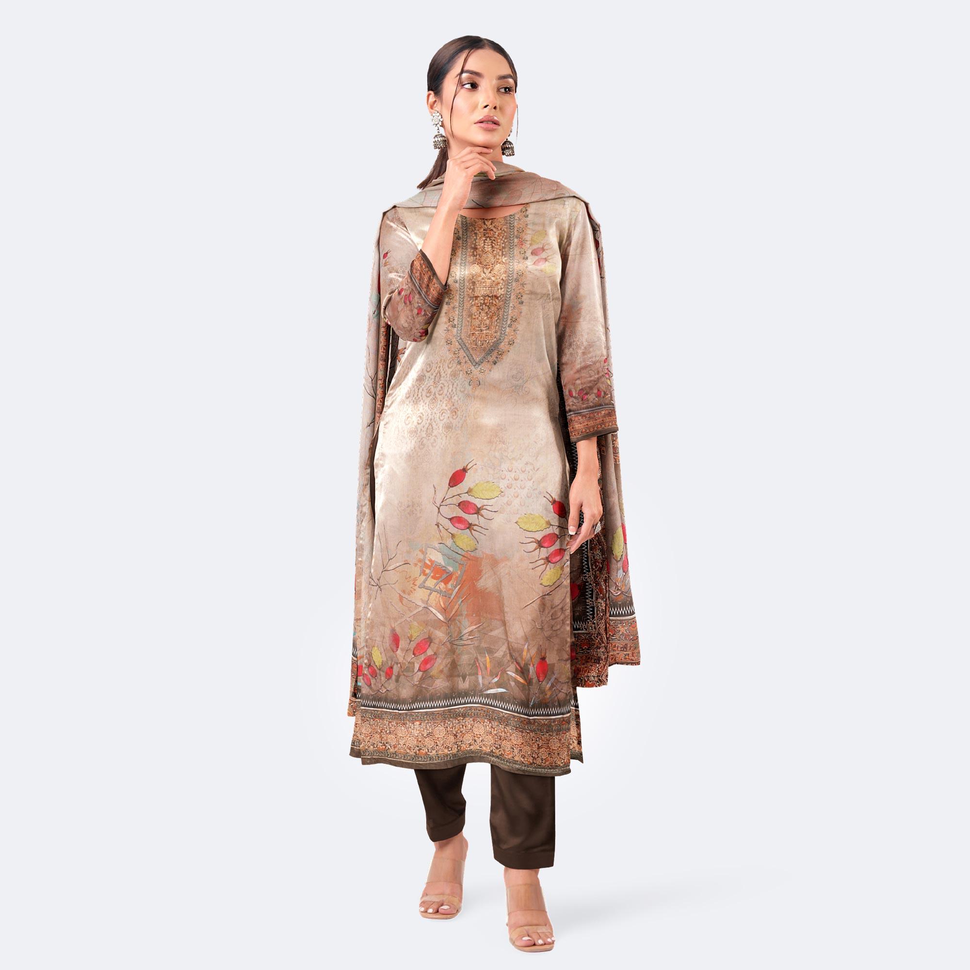 Elegant Beige & Brown Digital Print Cotton Salwar Kameez