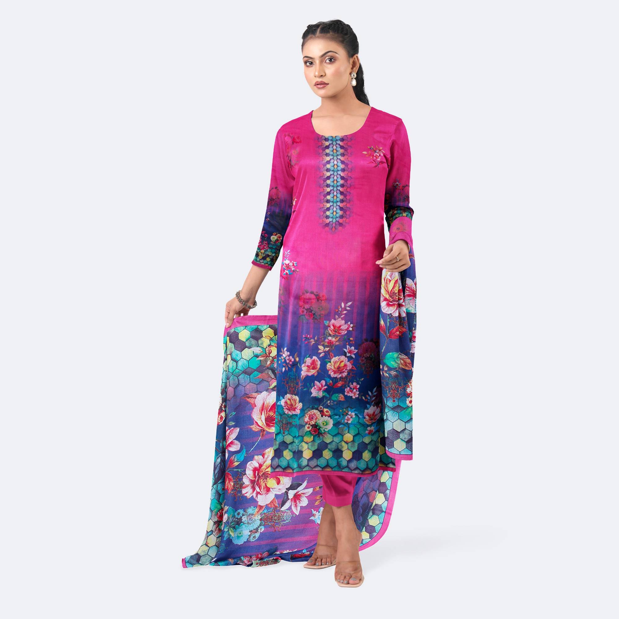 Pink & Blue Cotton Salwar Kameez with Digital Print