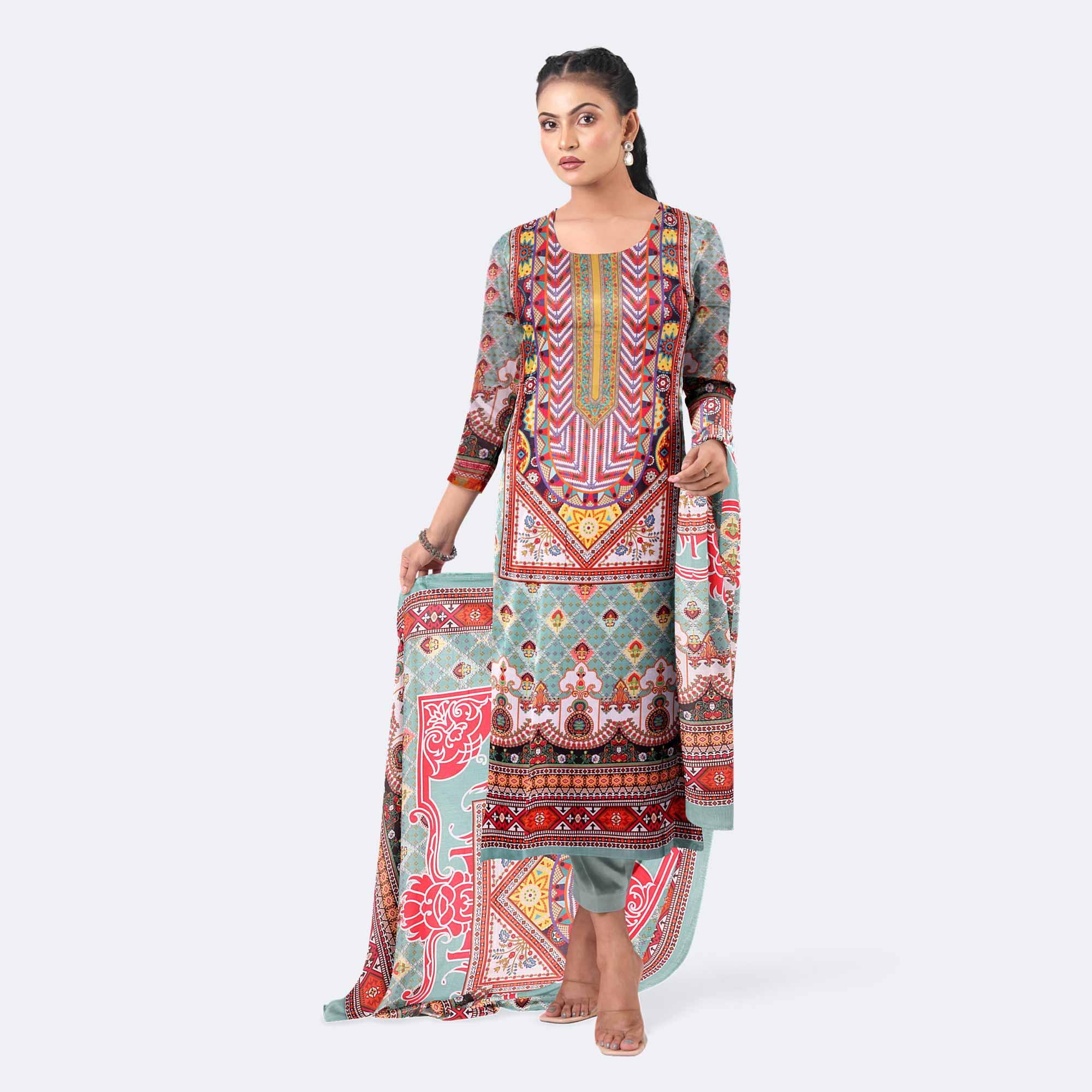 Blue-Grey Digital Print Premium Cotton Salwar Kameez