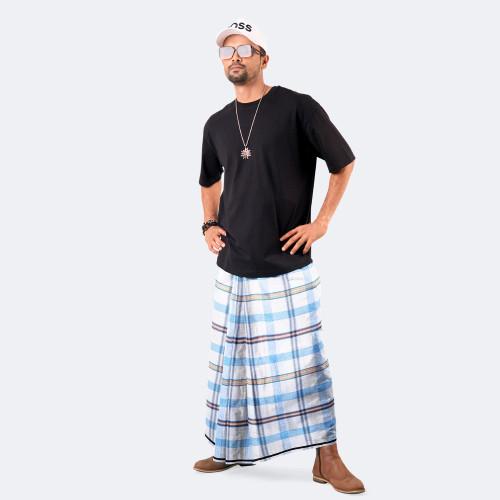 White & Sky blue Check Cotton Lungi