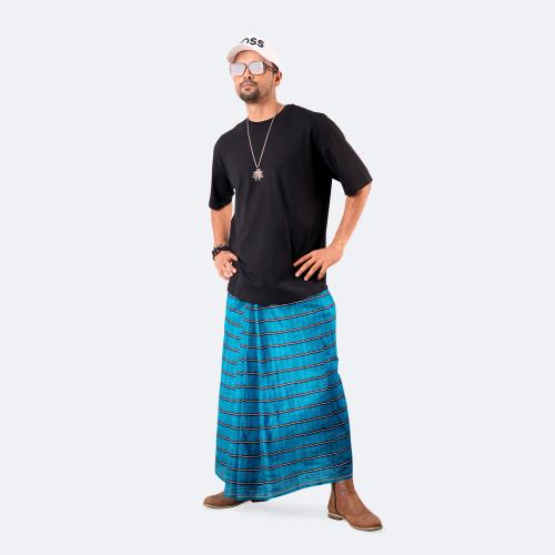 Beige Blue Border Lungi - Borno Mala