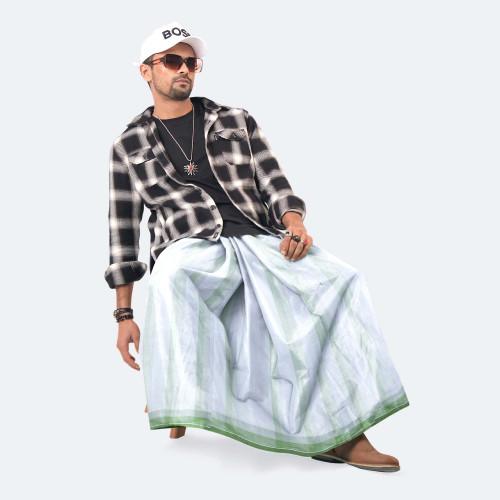 white color Cotton Lungi - Moti Mala