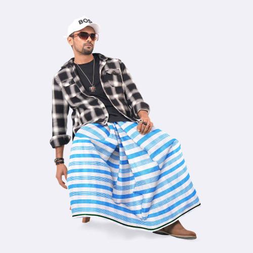 Men's White & Blue Check Lungi  Somman