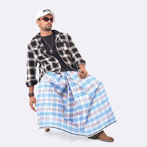 White & Blue Check Cotton Lungi - Zoboraj