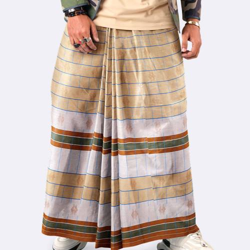 Beige Fine Check Border Lungi - Beautiful | MIAH