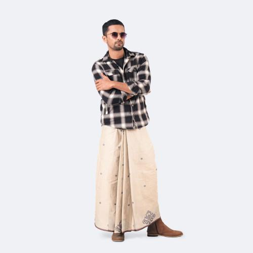 Classic Cream Ethnic Print Lungi - Perfect | MIAH