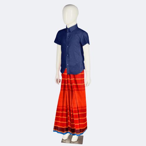 Red with Golden Stripe Linen Lungi - Notun Kuri