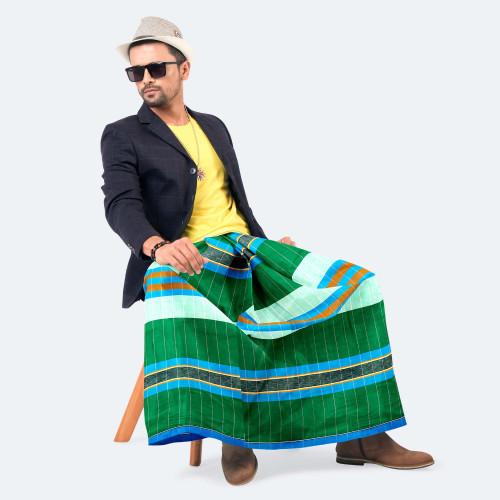 Men's Green & Multicolor Stripes Cotton Lungi - Ashapurno
