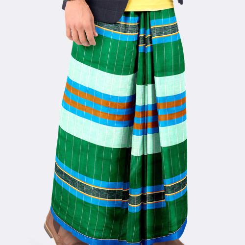 Men's Green & Multicolor Stripes Cotton Lungi - Ashapurno