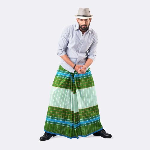 Men’s Green & White Panel-Checked Cotton Lungi - Ashapurno