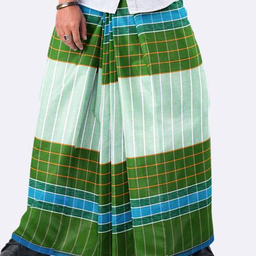 Men’s Green & White Panel-Checked Cotton Lungi - Ashapurno