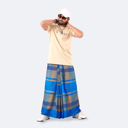Azure Blue & Earthy Khaki 100% Cotton Lungi - Crown