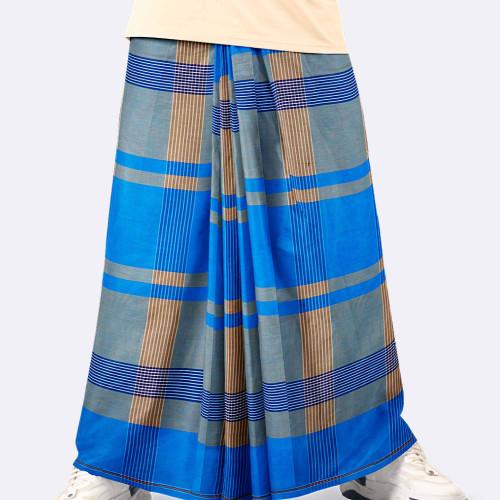 Azure Blue & Earthy Khaki 100% Cotton Lungi - Crown