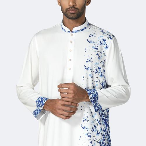 White Panjabi with Floral Print