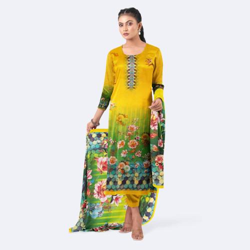 Yellow & Green Cotton Salwar Kameez with Digital Print