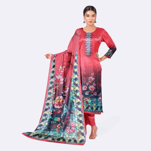 Salmon Red & Black Cotton Salwar Kameez with Digital Print