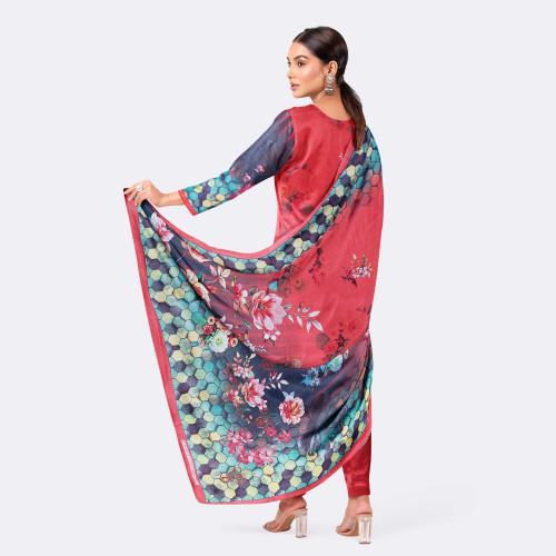 Salmon Red & Black Cotton Salwar Kameez with Digital Print
