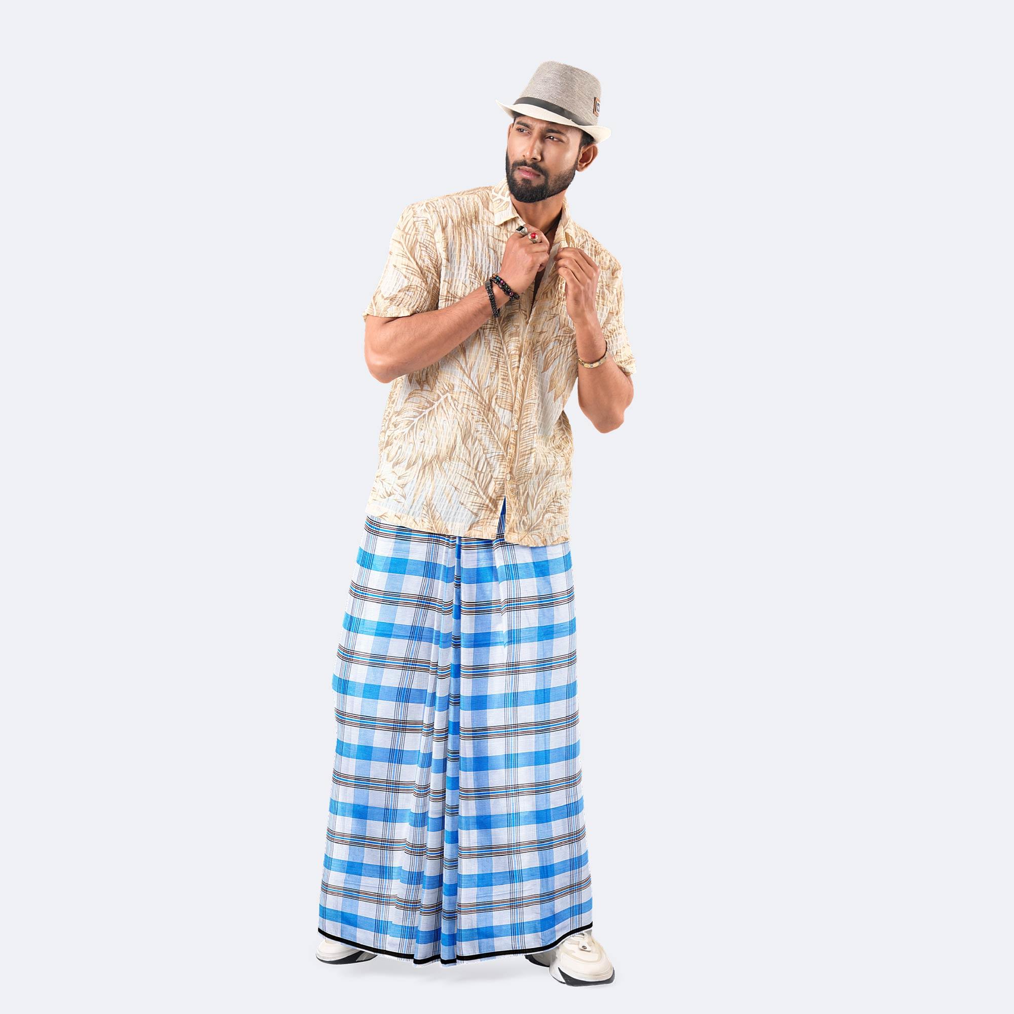 White Sky Blue Check Lungi - Saz Bilash | MIAH